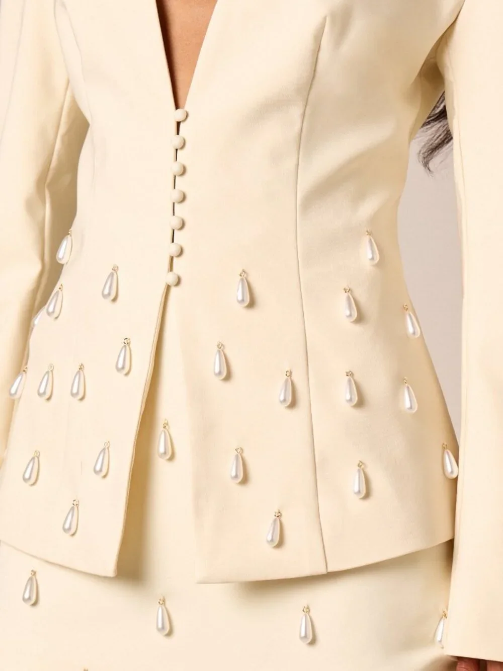 Beige Elegant Women's Pearl Drop Blazer with Deep V-Neck and Long Sleeve
